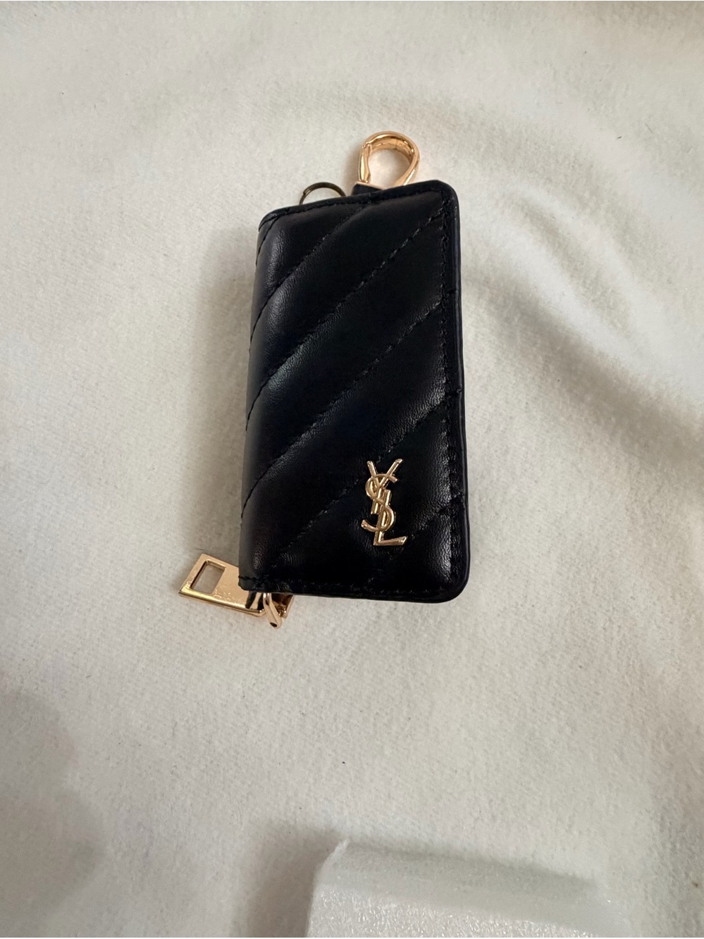Designer Fashioned Black Quilted Leather Key & phob Holder with Gold Hardware